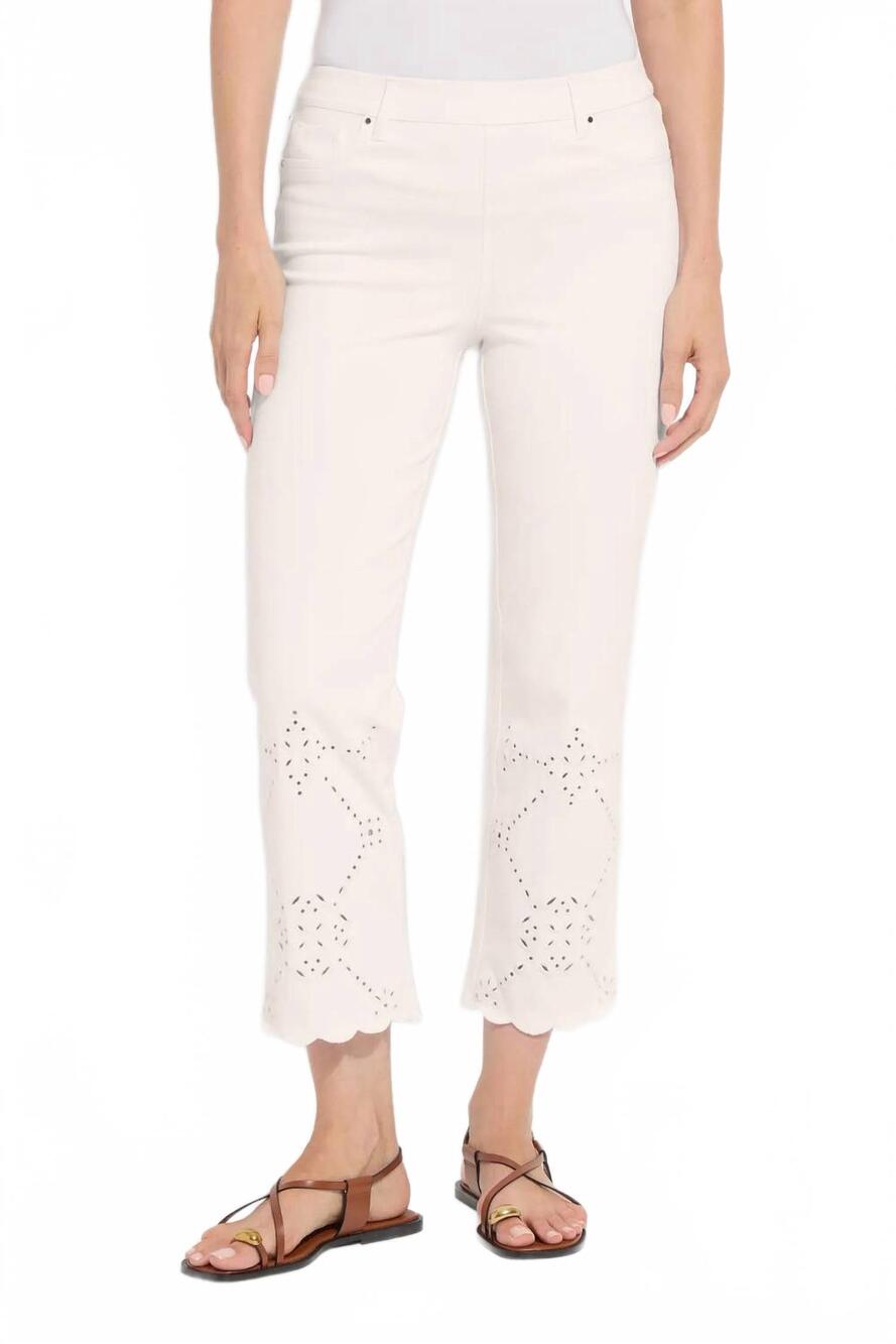 NEW LYSSE billie eyelet pull-on high waist crop straight leg jeans in white